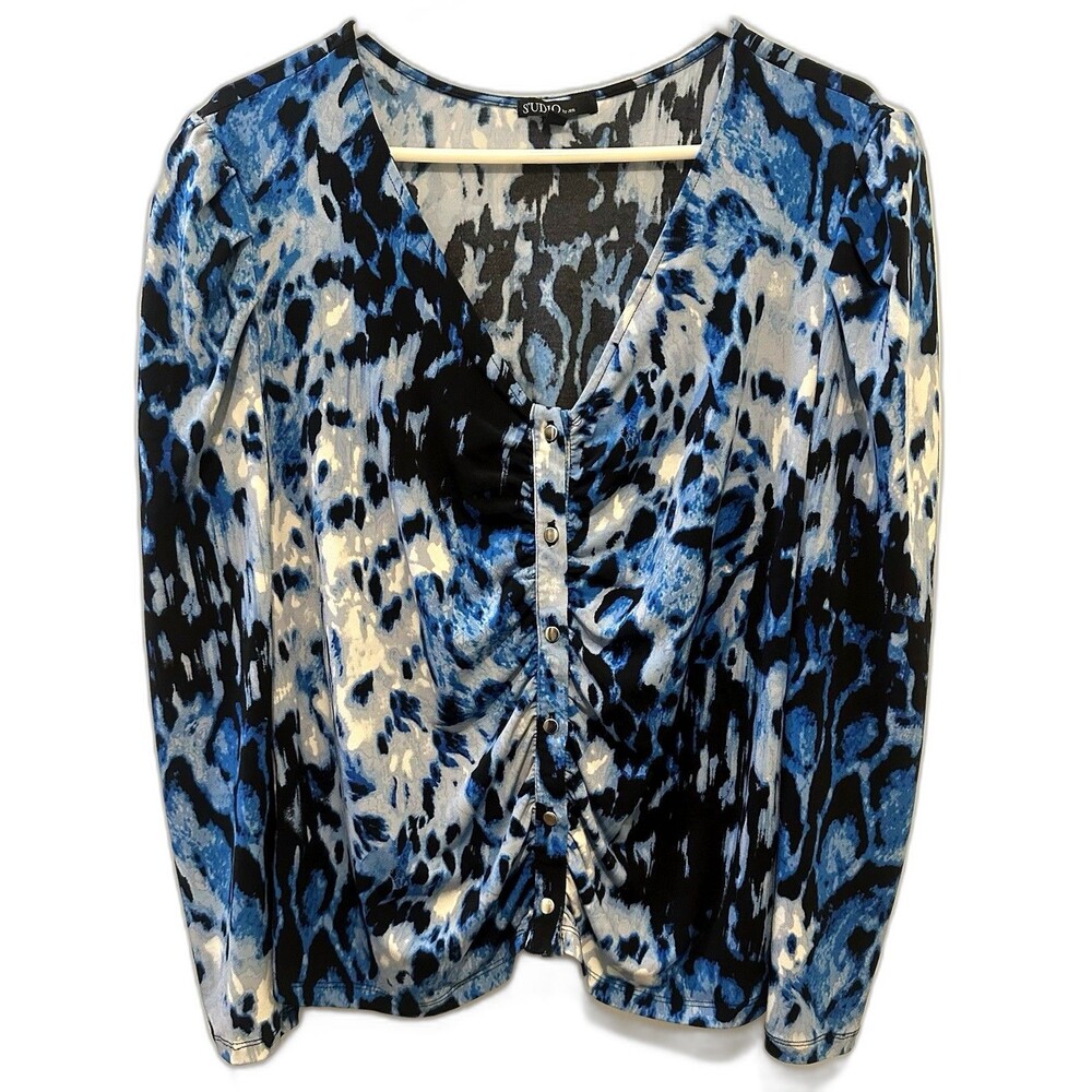 Studio by JPR Blue Abstract Ruched Snap Front Top Womenโs L Puff Shoulder